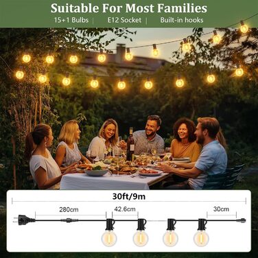 LED гірлянда для зовнішнього використання 9 м, диммувана, з пультом, 75 LED, тепле світло, IP45, для саду, балкону, тераси, кемпінгу та вечірок