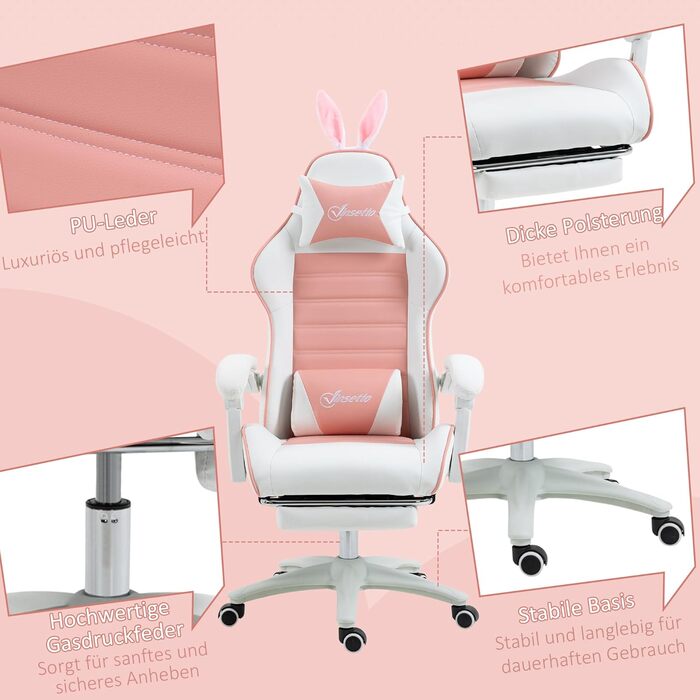 Крісло геймерське Vinsetto Ergonomic з підніжкою, подушкою для голови та попереку, регульованою спинкою, рожеве