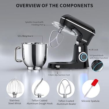 Кухонна машина Zurio 5.5L: потужний міксер-планетарний з 10 швидкостями, 1300W, з набором аксесуарів (крюк для тіста, вінчик)