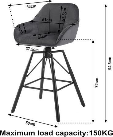 Барні стільці WOLTU, набір з 2 шт. , поворотні, зі спинкою, м'які, оксамит, метал, темно-сірий