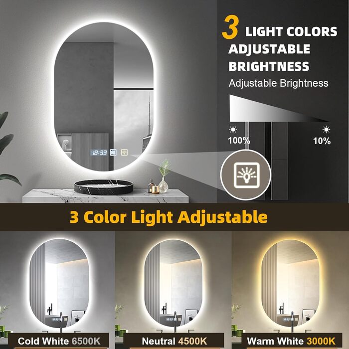 Дзеркало для ванної кімнати з підсвічуванням 50x70 см з підігрівом, годинником, LED, сенсорне управління, пам'ять, 3 кольори світла, регулювання яскравості