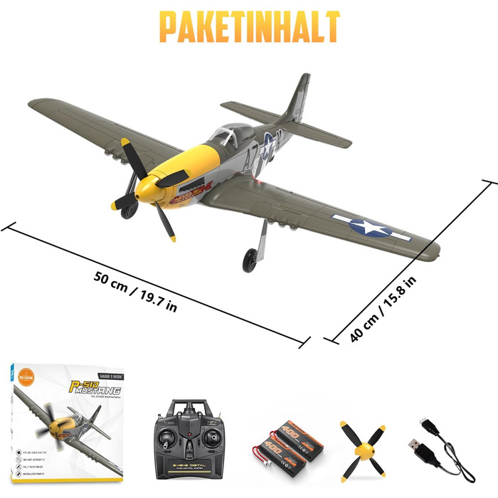 RC літак HAWK'S WORK P-51D Mustang 2.4GHz - Готовий до польоту, 6-осьовий гіростабілізатор, для дітей та початківців (зелений, безщітковий)