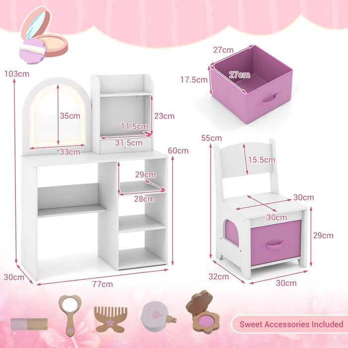 Дитячий туалетний столик LIFEZEAL 2 в 1 з дзеркалом та пуфом, з шухлядою, для дівчаток від 3 років (білий)