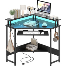 COSTWAY кутовий стіл з зарядкою, трикутник, LED-підсвітка, підставка для клавіатури та монітора, геймінговий, для дому/офісу (білий/чорний)