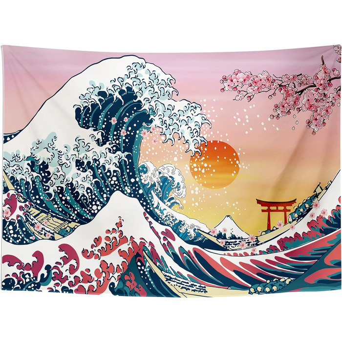 Японський гобелен, The Great Wave Sunset настінний, рожевий, 200x150см