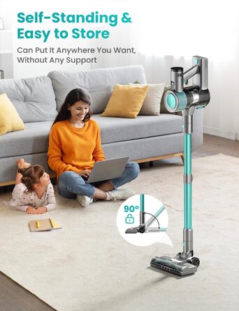 Бездротовий пилосос Dzaki 45000Pa з акумулятором, дисплеєм та антизаплутувальною насадкою для твердих поверхонь, килимів, шерсті тварин та авто (блакитний)