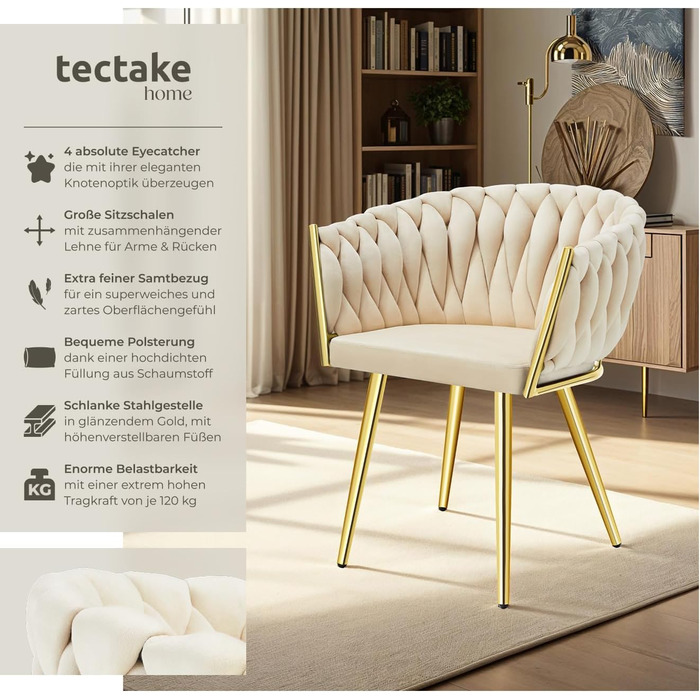 Тектейк® Оксамитовий стілець-чаша з підлокітниками, сучасний крісло-стілець для вітальні, їдальні, кухні, туалетного столика, комплект з 4 шт. Sand/Gold