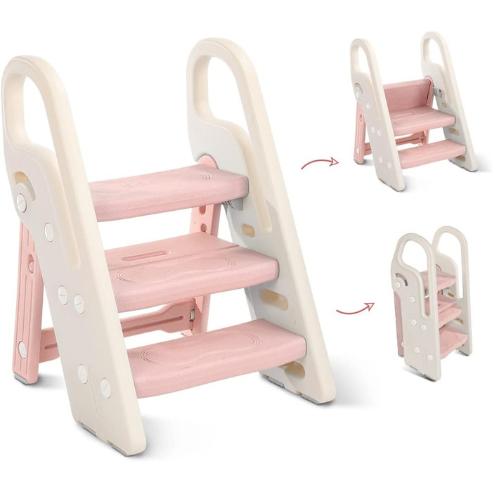 Дитячий табурет-сходинка Onasti: регульована висота, 2-3 сходинки, складна конструкція, багатофункціональний, для ванної, дитячої кімнати, кухні (зелений, рожевий)