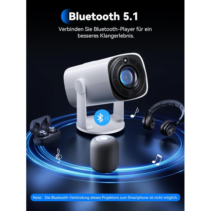 SOOMFON Mini Beamer 1080P: Портативний проєктор з Bluetooth, автотрапецеїдною корекцією та електричним фокусом. Сумісний з iPhone, Tablet, Laptop, TV Stick, HDMI, USB