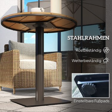 Outsunny Garden Table Ø70 см, Стійкий до погодних умов круглий балконний стіл з планкою, Сталевий обідній стіл на відкритому повітрі, Столик для кемпінгу Журнальний столик, Патіо Стіл для саду Патіо Балкон з натурального дерева
