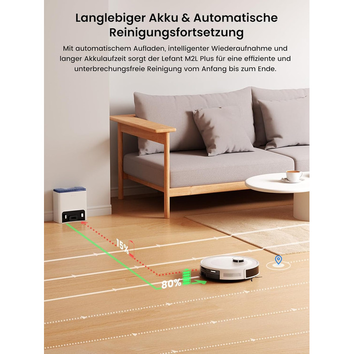 Робот-пилосос LEFANT M2Plus з функцією миття підлоги, 6000Pa, LiDAR-навігація, самоочищення, для видалення шерсті тварин, білий (M2L Plus)