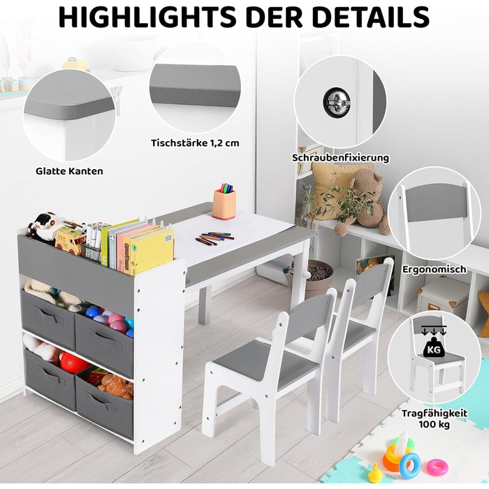 Дитячий стіл Mamizо з 2 стільцями, стіл для малювання та рукоділля, комплект меблів у дитячу кімнату, ігровий стіл з місцем для зберігання для дітей від 3 років (сірий, білий)