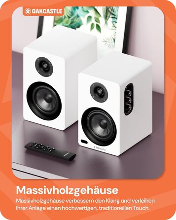 Акустична система Oakcastle BK100 Bluetooth 5.4, 60W 2.0 Hi-Fi поличні колонки для телевізора (HDMI ARC) та ПК, білі, з пультом