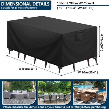 Захисний чохол для садово-патіо меблів, водовідштовхувальний, 420D Oxford, анти-UV, для столів та інших меблів, чорний, 150x90x75 см