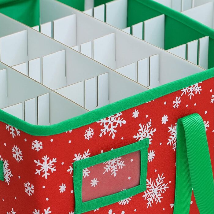 Коробка для зберігання новорічних кулі - Relaxdays, 128 шт, 33x66x33 см, сніжинки, фліс, картон, червоно-зелена