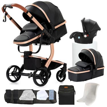 Дитяча коляска NADDLILY 3 в 1 з PU-шкіри, Buggy з регульованим сидінням, поворот на 360°, комбінована коляска, складна та портативна, комплект, висока позиція (906 Brown) (3 в 1 B518 Black+Changing Bag, 3 в 1-B518 Model+Changing Bag)