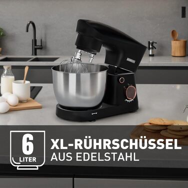 Кухонна машина Heinrichs 1500W з місткою чашею 6L з нержавіючої сталі, 10 швидкостей, набір насадок (міксер, гак для тіста, вінчик)