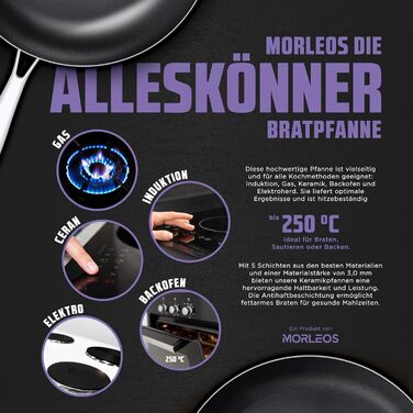 Сковорода Morleos з керамічним покриттям Ø 32 см, без PFAS та PTFE | Сковорода з антипригарним покриттям, стійка до подряпин, 5-шарова, 3 мм, 1,67 кг | Преміум-сковорода для індукційних плит | Антипригарна, для духовки та посудомийної машини Ø 32 см (32 с