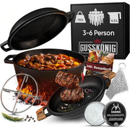 Нідерландський горщик 2в1 з чавуну 4.8L + сковорода з чавуну 1.8L - Набір нідерландського горщика з подвійною функцією - з кулінарною книгою та аксесуарами для барбекю, кемпінгу та кухні - 30 років гарантії (2в1 горщик + паста для догляду)