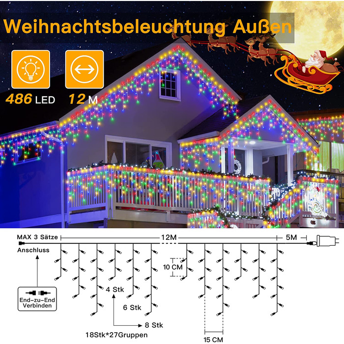 Вулична гірлянда для крижаного дощу, 12 м, 486 світлодіодів, 81 струна, вуличні Різдвяні ліхтарі IP44, водонепроникні, 8 режимів з дистанційним управлінням, таймер, Європейський штекер для альтанки, балкона (кольоровий)