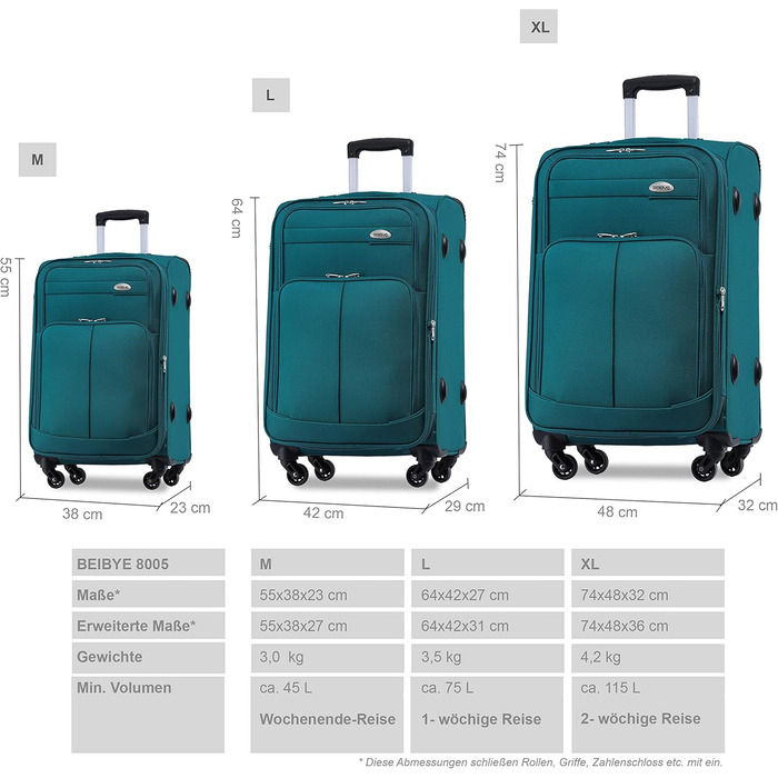 Чемодан BEIBYE з тканини, колір бірюзовий, середній, 64 см, з кодовим замком та додатковою кишенею