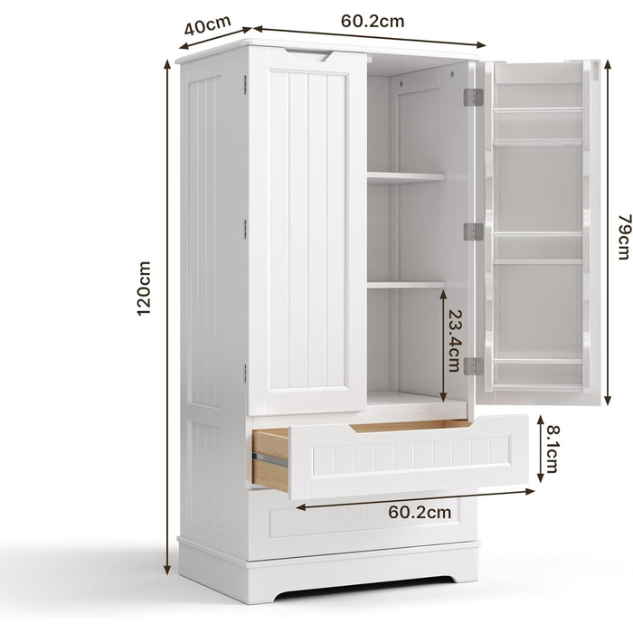 Високий шкаф Bealife для кухні, буфе́т з 2 шухлядами та 2 дверцятами, білий. Підходить для кухні, їдальні та вітальні.