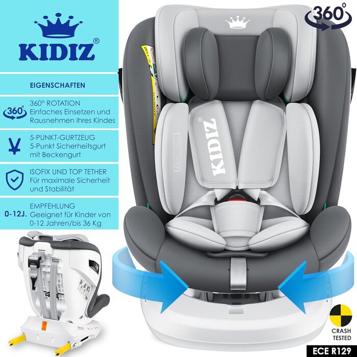 Автокрісло KIDIZ i-Size ECE R129 для дітей 0-12 років (0-36 кг), 360° обертання, Isofix, Top Tether, 5-точкові ремені безпеки, з сонцезахистом