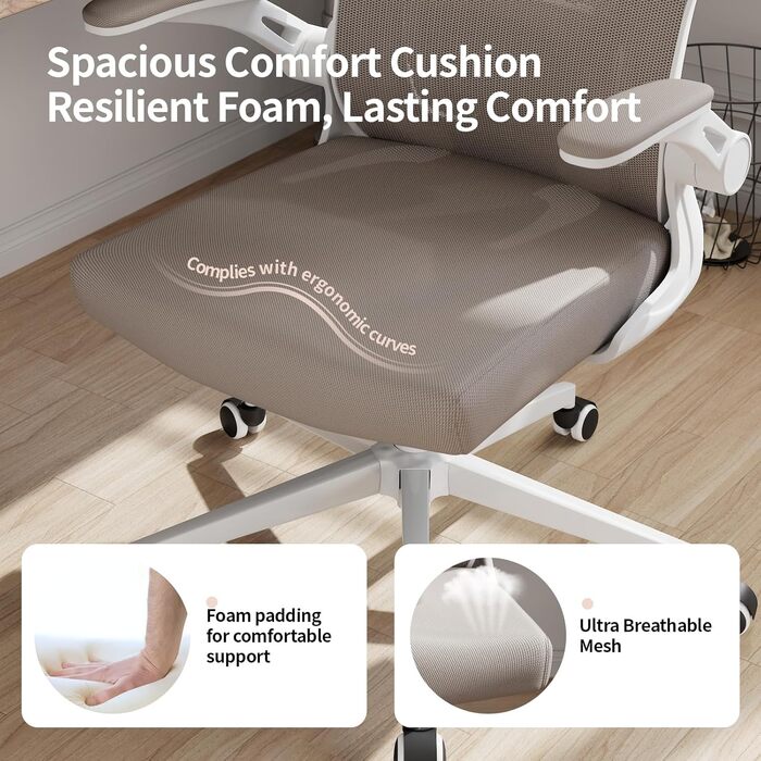 Офісний стіл Monhey: ергономічний крісло з регулюванням висоти, поворотне, з відкидними підлокітниками, дихаюча сітка, регульована підголовник та інтелектуальна підтримка попереку – для дому та офісу (01beige)