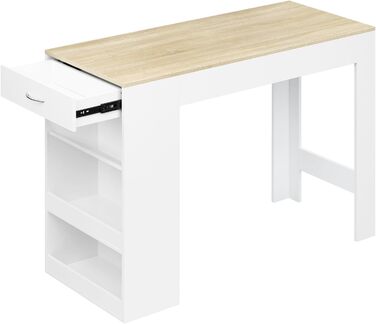 Стіл-бар WOLTU з шухлядою та полицями, вітрина для вина, кухонний стіл для бару, кухні, вітальні, їдальні (90 x 50 x 120 см, білий + світлий дуб)