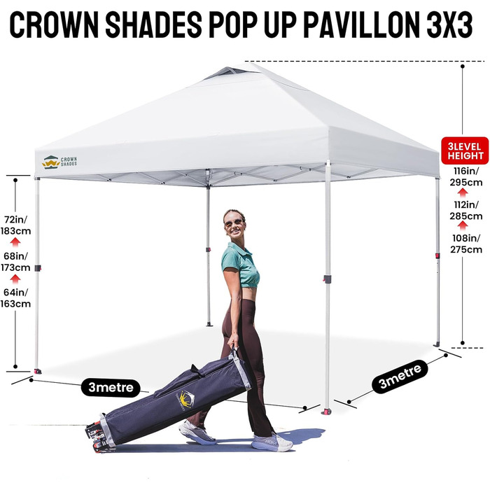 Павільйон CROWN SHADES 3x3: водовідштовхуючий, зимостійкий, з UV захистом 50+, для кемпінгу та відпочинку на природі. Регульована висота, з сумкою. Білий в клітинку