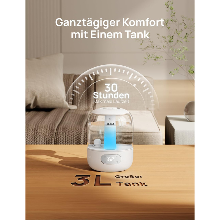 Зволожувач повітря Dreo для спальні: ультразвуковий, холодний туман, 3L, датчик вологості, нічник, для дітей, кімнатних рослин та дому (білий)
