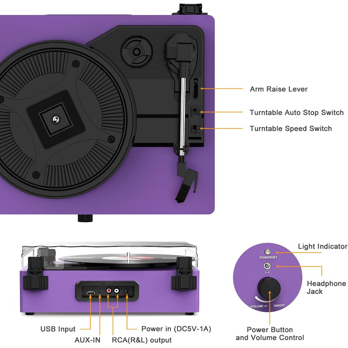 Вініловий програвач Udreamer з Bluetooth, вбудованими динаміками, пасиковим приводом, вінтажний фоноґраф на 3 швидкості, для музики та декору, фіолетовий