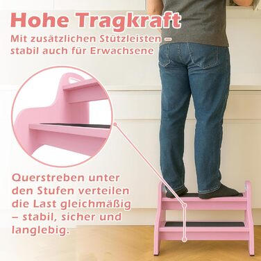 Дерев'яний дитячий стільчик Tritthocker з 2 сходинками, неслизький, для ванної та кухні, скандинавський дизайн, колір: натуральний (рожевий)