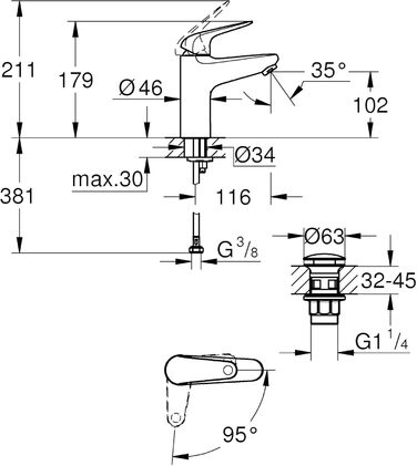 Змішувач для ванної кімнати Grohe Swift, хром, з донним клапаном Push-Open, 18 см, з інструментом 3-в-1
