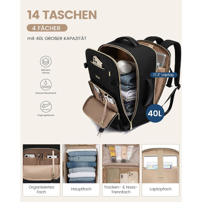 LOVEVOOK Рюкзак ручної поклажі, 40L, 17.3 дюйми, для подорожей та бізнесу, водонепроникний, 45x30x20 см, кольори: зелений, бежевий, чорний