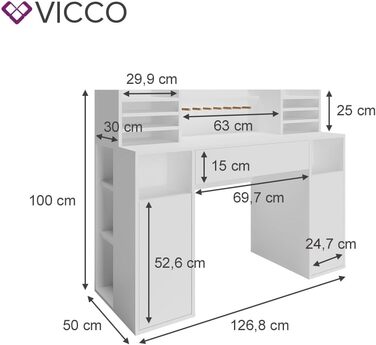 Стіл для рукоділля Vicco - письмовий стіл, білий, 126,8 x 50 см XL з полицями білий 126,8x100x50 см