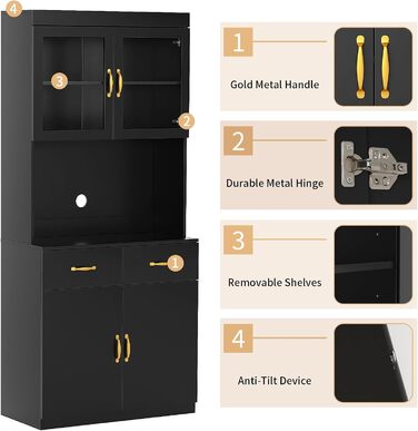 Кухонна шафа VOWNER з робочою поверхнею, буфет на кухню з 4 шафами, вітрина, буфет з регульованими полицями, 80 x 40 x 180 см, для кухні, вітальні, офісу, їдальні (білий) (чорний)