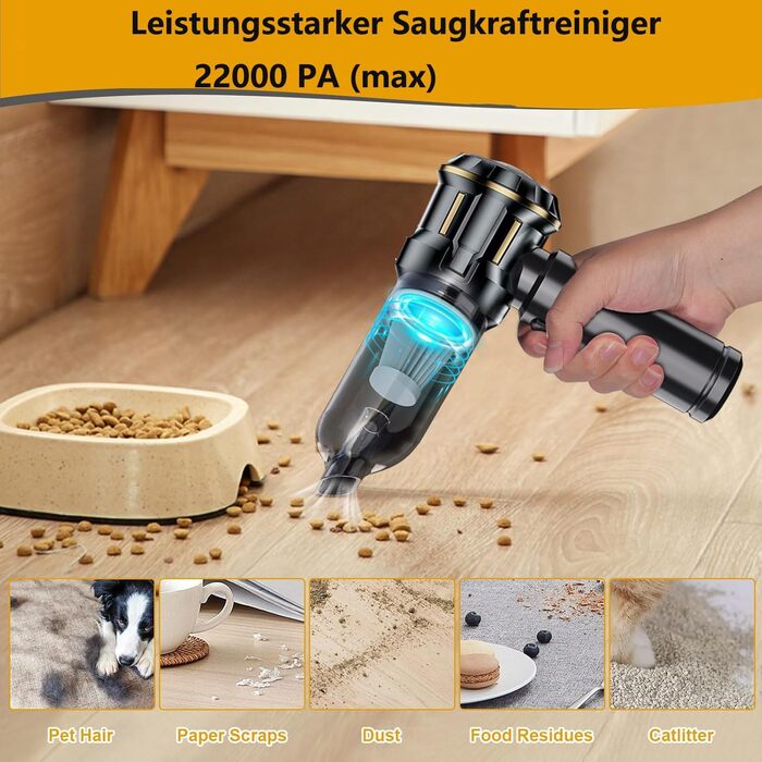 Акумуляторний ручний пилосмок 4-в-1, бездротовий пилосос та електричний обдув 22000Па, 3 режими, для авто, дому, кухні та шерсті тварин, чорний
