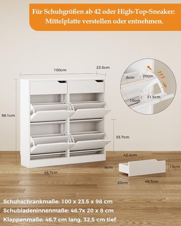 Шкаф для взуття IRONCK з 4 дверцятами, вузький, з 2 висувними ящиками, окремо розташований, з регульованими перегородками, для передпокою, входу та вітальні (Білий) 100*23.5*98 см, Білий