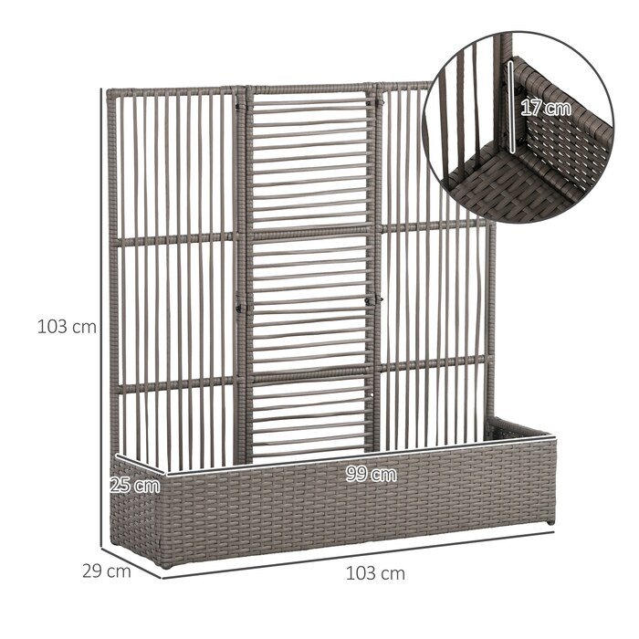 Квітковий ящик з решіткою, стійкий до погодних умов, штучний ротанг, 103 x 29 x 103 см, Сірий
