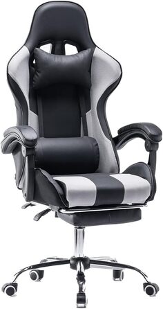 Ігрове крісло Panana Офісне крісло ергономічне з регульованою поперековою подушкою, подушкою, штучною шкірою, м'яким підлокітником Стілець Стілець (сірий)