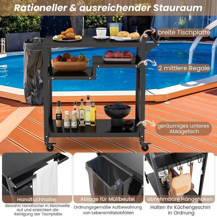 Столик для гриля COSTWAY з 4 полицями та колесами, 85 x 50,5 x 93 см