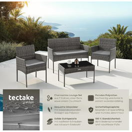Набір садово-розкладних меблів tectake® з ротангу: банкетка, 2 крісла, столик, подушки, для балкона/тераси (сірий)