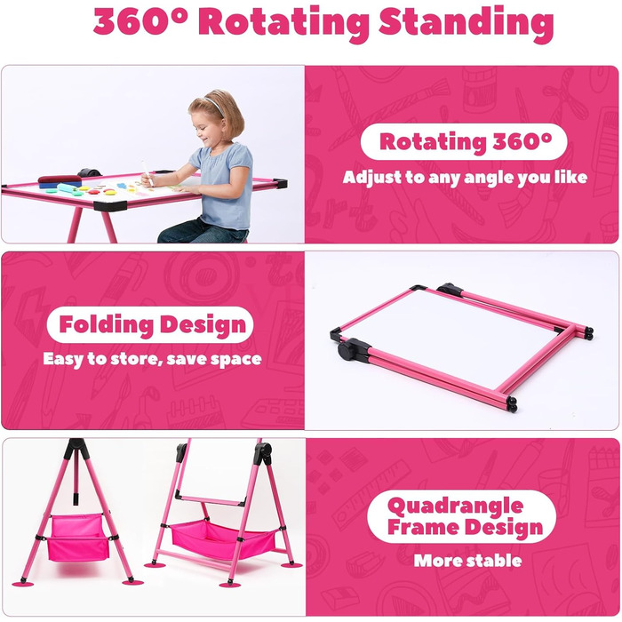 Дитяча мольберт Kinderstaffelei з двома боками, складний, регульована висота 74,9-111,8 см, з місцем для зберігання, поворотний на 360°, мольберт для малювання та дошка з набором літер та цифр, рожевий для хлопчиків та дівчаток