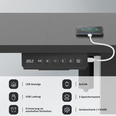 Ергономічний регульований стіл для комп'ютера з USB, 160x70 см, чорний, письмовий стіл для дому та офісу