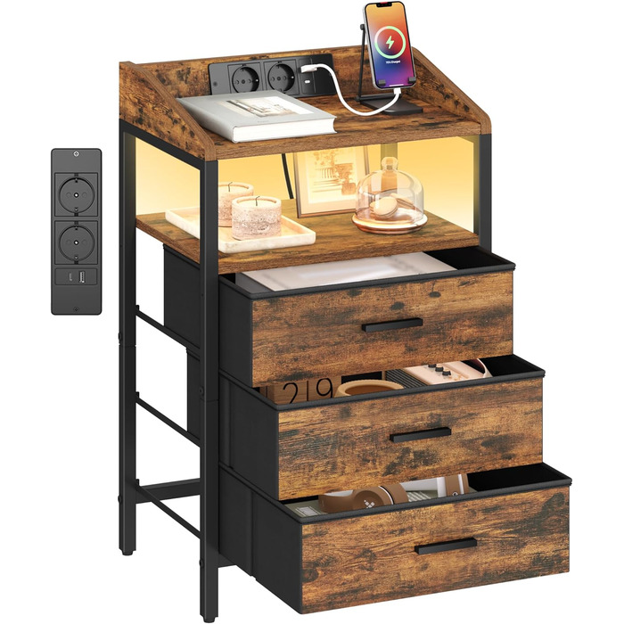 Приліжкова тумбочка Hzuaneri з LED-підсвіткою та функцією зарядки, 3 висувні ящики з тканини, USB-порти та розетки, для спальні/вітальні, чорний/коричневий, NS36301BEU, 1 шт.