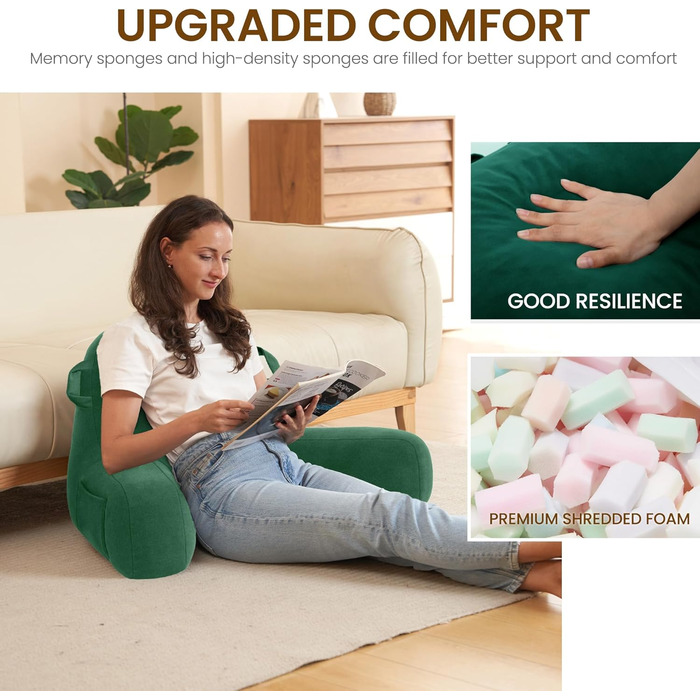 Подушка для читання та відпочинку в ліжку для дорослих, з підлокітниками, зелена