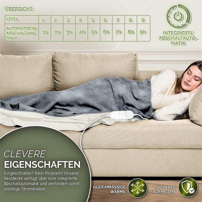 Електрична ковдра з таймером 200 x 180 см | 9 температурних режимів | Ковдра для ліжка та дивана | Електрична ковдра з цифровим дисплеєм (180x130 см, світло-сіра)