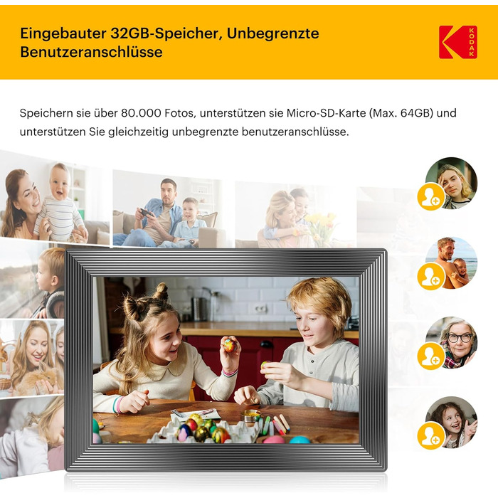 Цифровий фоторамка Kodak WiFi, 10.1 дюйма, HD IPS сенсорний екран, 32GB, автоматичне обертання, WiFi, для стін, чорний