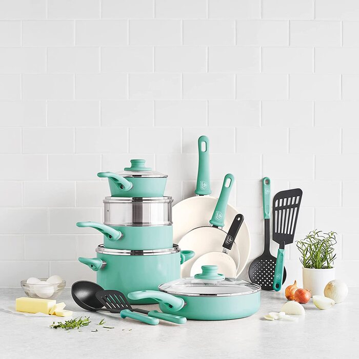 Набір посуду GreenLife Soft Grip з антипригарним покриттям, 16 предметів, без PFAS, (Бірюзовий, набір з 16 предметів)